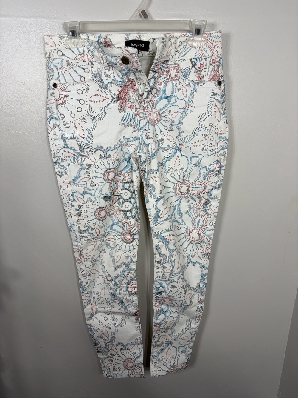Desigual Flora Farmer Skinny‎ Jeans White Floral Paisley Mid-Rise Ankle Pants